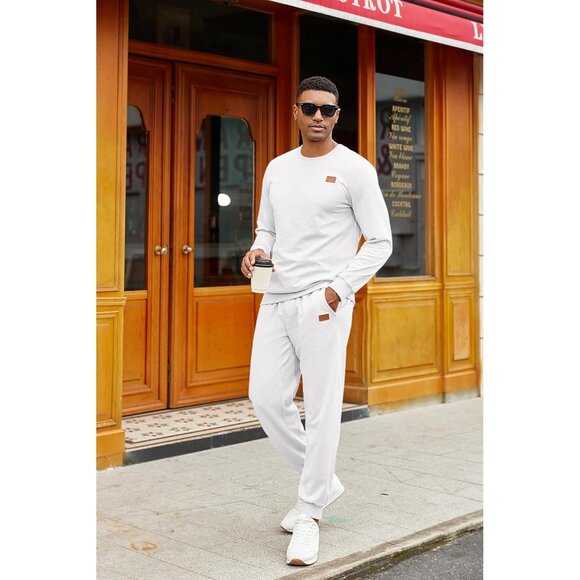 Men's 2 Piece Sweat suit Jogging Suit Set Long Sleeve Jacquard Shirt White - Picture 4 of 6